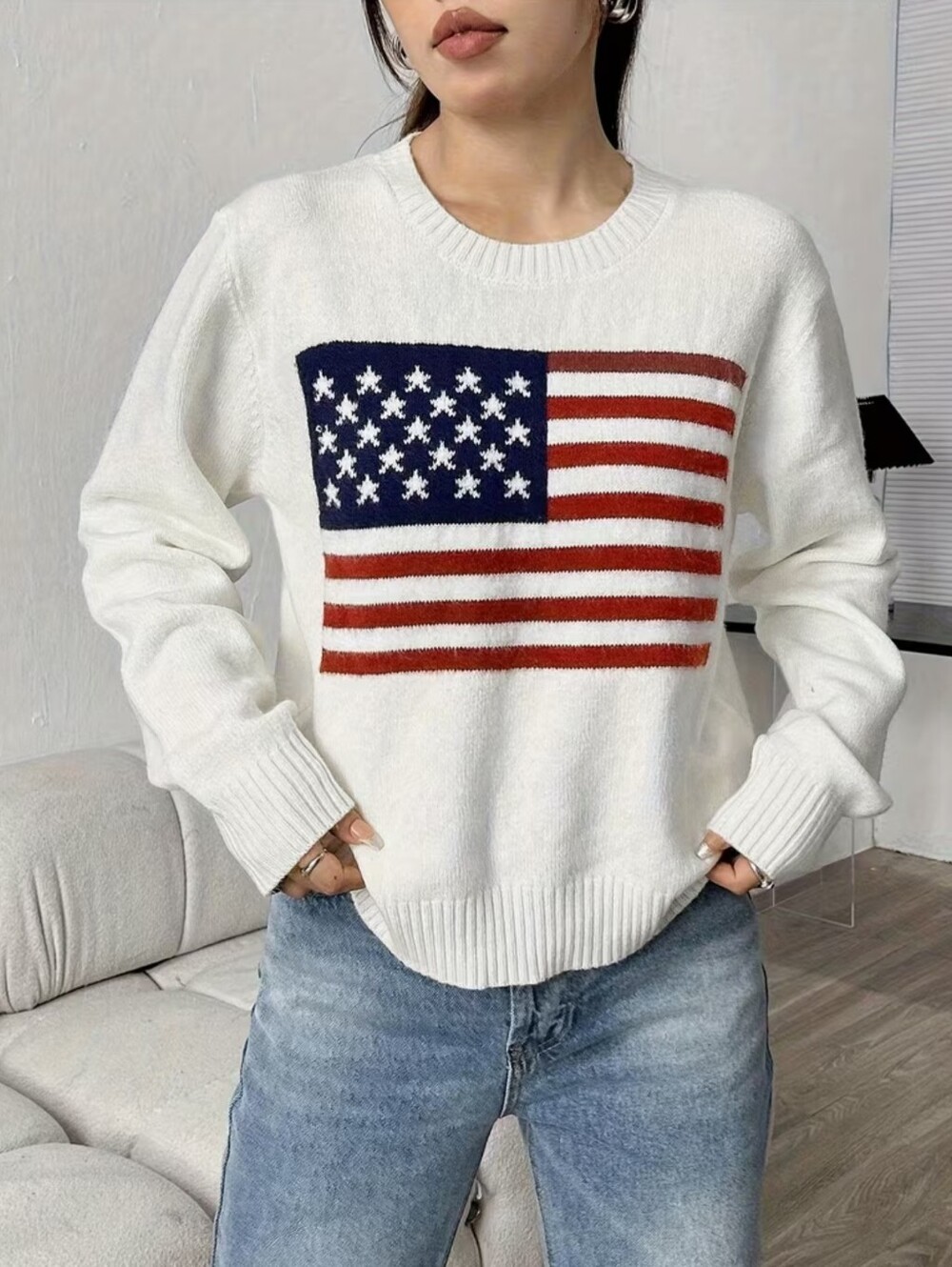 Women's Flag Patterned Sweater, Long Sleeve Crew Neck Design, Fabric, Casual